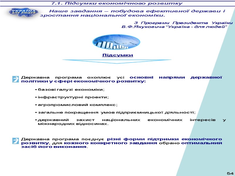 7.1. Підсумки економічного розвитку Підсумки Наше завдання – побудова ефективної держави і зростання національної